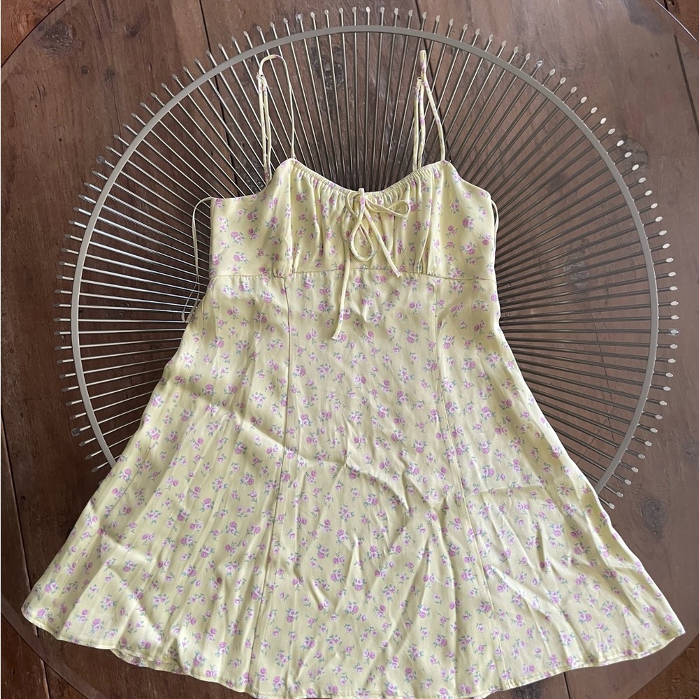 Zara Pale Yellow Floral Smocked Slip Dress with Pink Buds